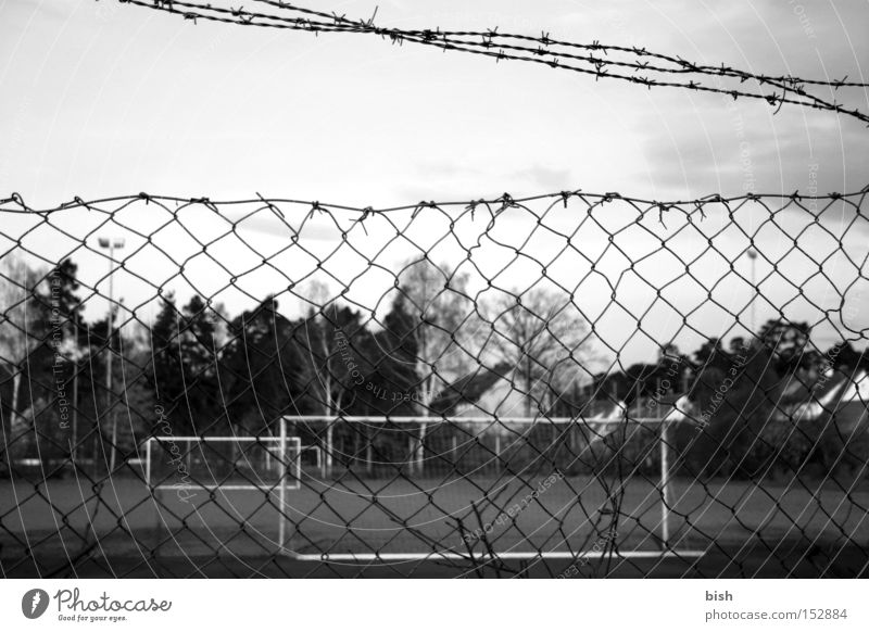 game over Barbed wire Fence Soccer Goal Wire netting fence Black & white photo Floodlight Dark Closed Autumn Sports Playing Erlangen hitherto EOS