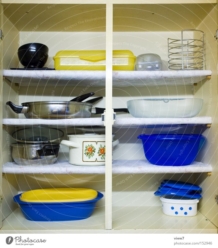 kitchen cupboard Cupboard Kitchen Bowl Pot Pan Plate Things Plastic Storage tank Shelves Blue Yellow High-grade steel Household Gastronomy Furniture