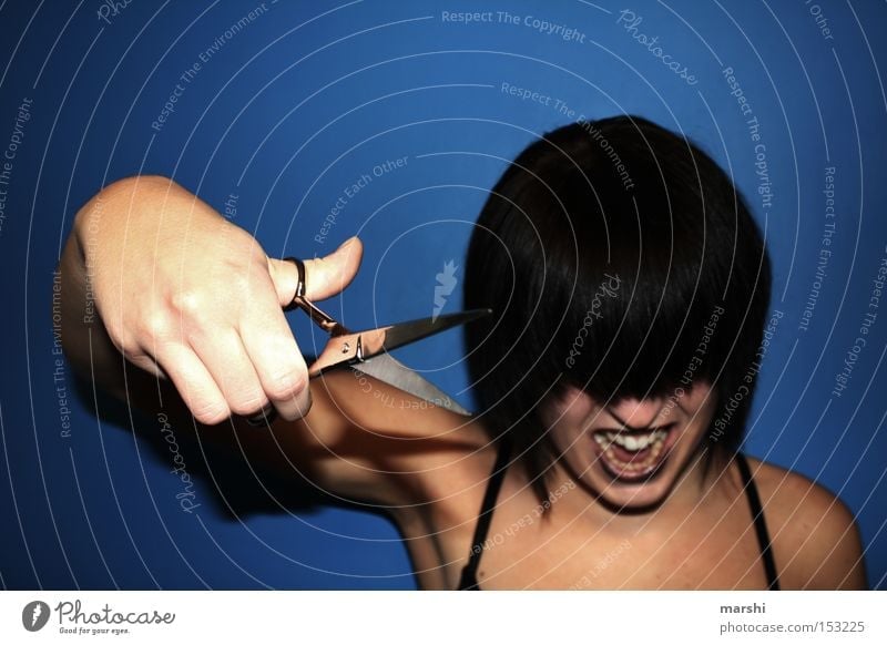 2009 ::: Time for changes ::: Style Hair and hairstyles Hairdresser Craft (trade) Scissors Woman Adults Aggression Hip & trendy Anger Blue Change Cut Haircut
