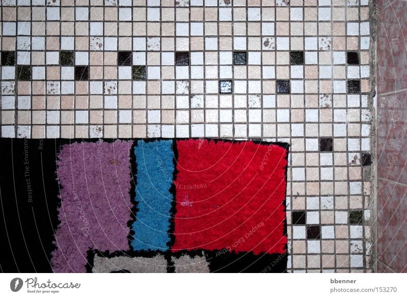 bathroom Black White Pink Red Blue Violet Mosaic Floor covering Wall (building) Carpet Bathroom Old Second-hand Transience Tile apricot
