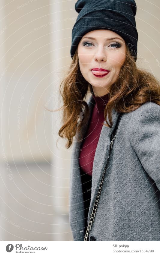 Woman standing on the street with blur background and smile Lifestyle Elegant Style Beautiful Face Make-up Human being Girl Adults Autumn Small Town Street