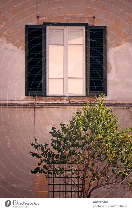 Italian view. Art Esthetic Window Window pane Shutter View from a window Window transom and mullion Window frame Glazed facade Italy Tuscany Tree Treetop