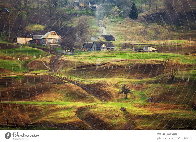 Foggy spring morning in mountain village. Fields and hills Vacation & Travel Mountain House (Residential Structure) Nature Landscape Spring Tree Grass Garden