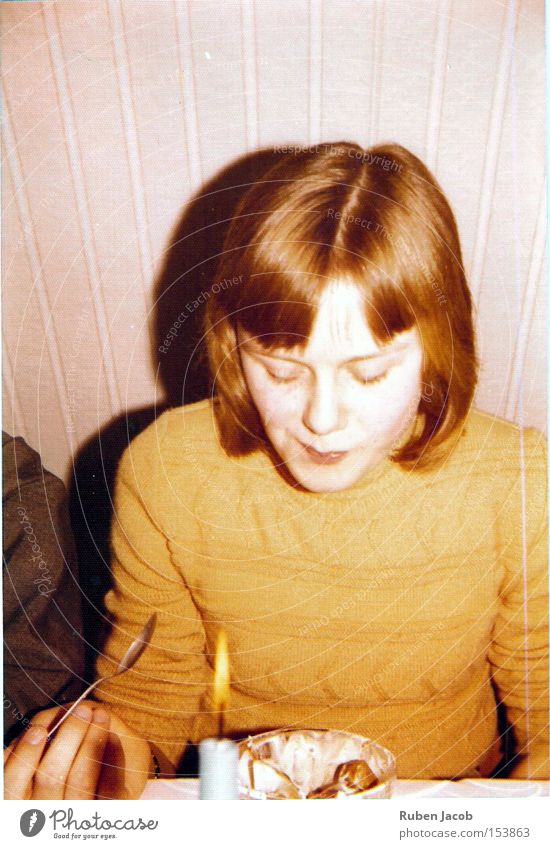 taste test Seventies Old Yellowed Sweater Pallid Feasts & Celebrations Birthday Sense of taste Attempt Ochre Youth (Young adults) young girl
