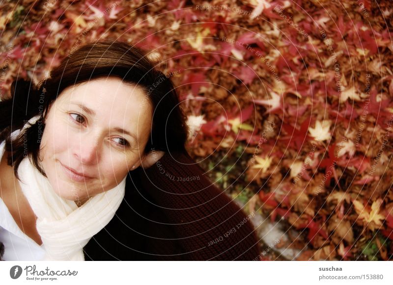 outside with s.... Woman Face Beautiful Laughter Happy Facial expression Scarf Leaf Autumn Cold Seasons Portrait photograph Exterior shot