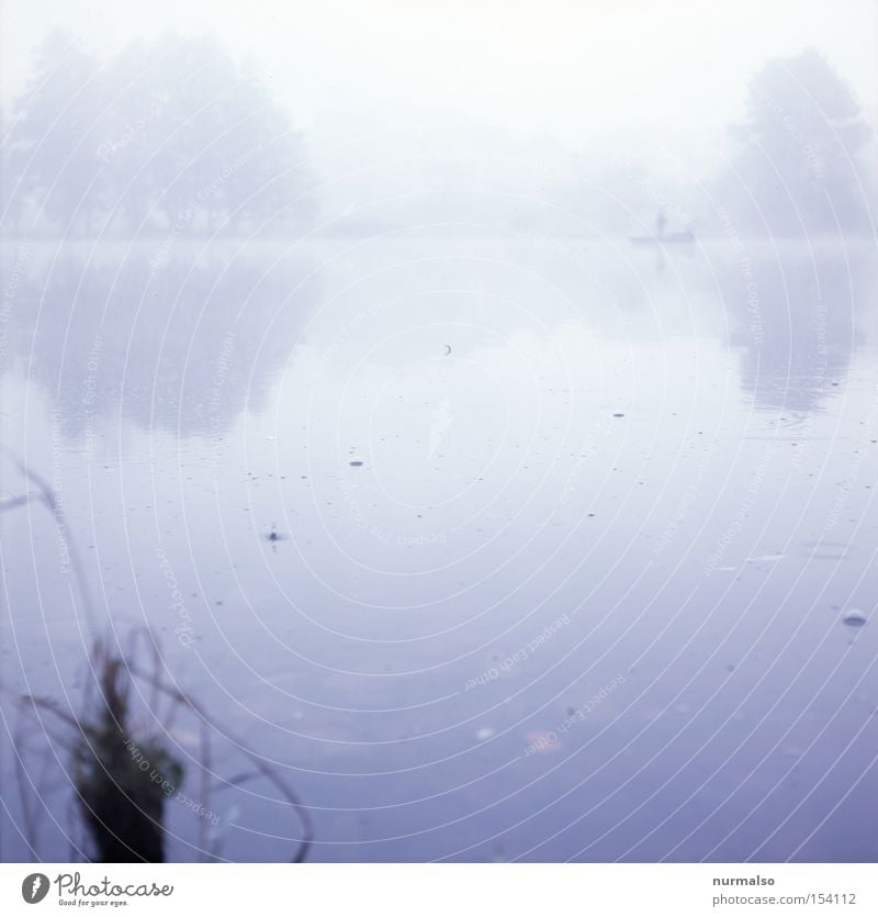 Mystic Morning II Fog Lake Lakeside Past Novella Home country Longing Loneliness Ambiguous Vail Bubble Drops of water Angler Watercraft Autumn Man Castle