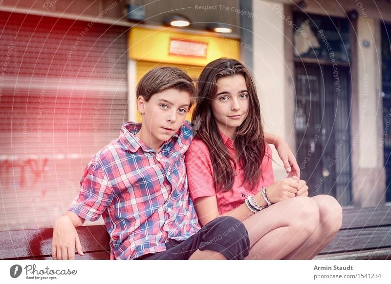 Portrait of two siblings Lifestyle Joy Summer Human being Masculine Feminine Young woman Youth (Young adults) Young man Brothers and sisters Sister 2