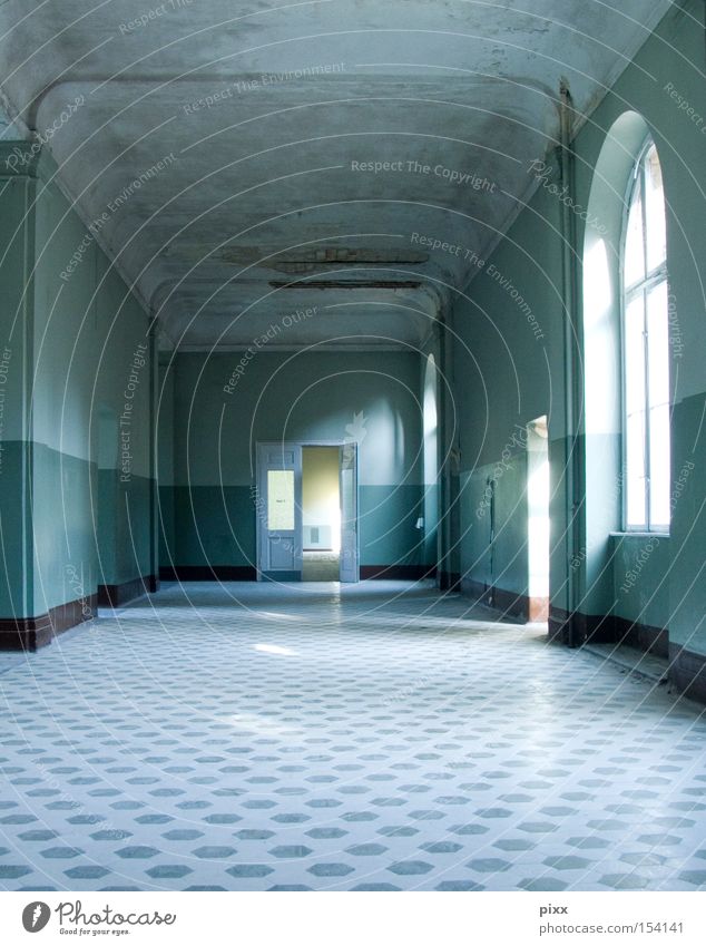 2nd floor left Old building Tile Light Redecorate Hallway Loneliness Fear Entrance Window Large Extensive Structures and shapes Turquoise Architecture Derelict
