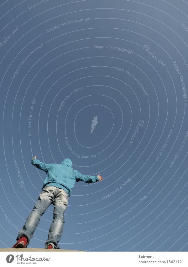 celestial cloaking attempt Human being Masculine Man Adults Body 1 30 - 45 years Stand Hooded sweater Jeans Blue Blue sky Heaven Belief Prayer Disperse