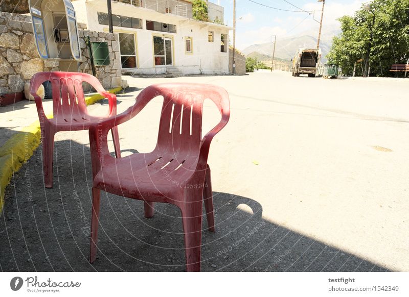 red plastic chairs Village Small Town Deserted Manmade structures Building Architecture Transport Logistics Street Plastic Sit Wait Old Red Decline Transience