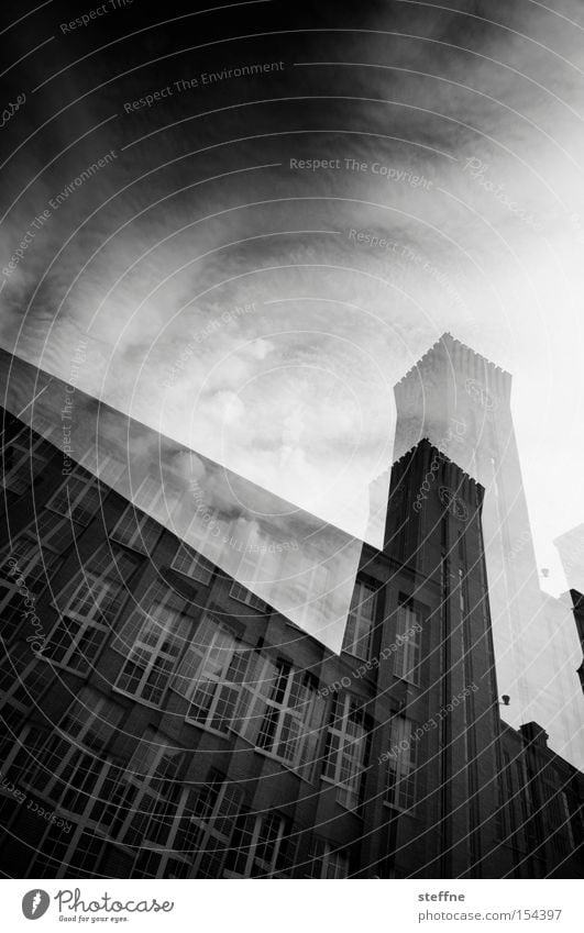 3D photo Industrial Photography Brick House (Residential Structure) Building Double exposure Hypnotic Sky Dramatic Black White Window Industry Historic