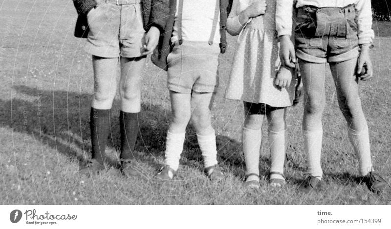 Rattle Gang 1965 Summer Child Legs Meadow Clothing Going Walking 8 Shorts Sock Knock-kneed 4 Lawn Leather shorts Row Black & white photo Exterior shot Detail