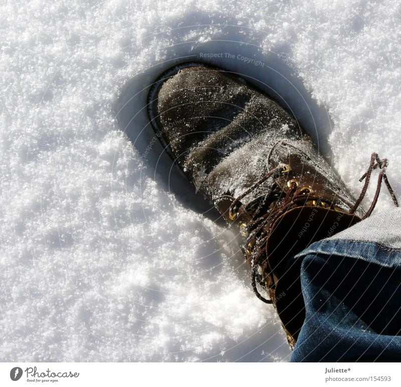 Big Foot Footwear Large Shoelace To go for a walk Loneliness Jeans Pants Brown White Blue Cold Freeze Footprint Snow Winter Leisure and hobbies