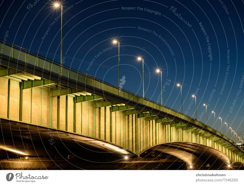 Illuminated Deutzer Bridge in Cologne Far-off places Cloudless sky Night sky Beautiful weather River Rhine Cologne-Deutz Germany Europe Deserted