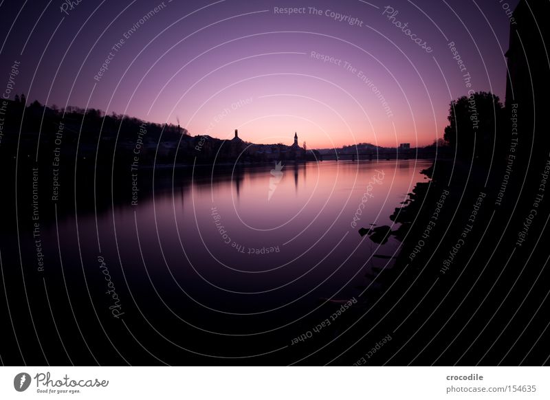Inn Sunset River Passau Near and Middle East Church Tower Reflection River bank Rock Dark Violet Long exposure Winter Beautiful vignette