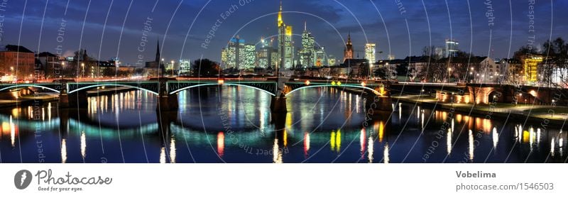Frankfurt, evening River Town Skyline High-rise Bridge Manmade structures Building Architecture Blue Multicoloured Yellow Gold Gray Green Orange Red Black