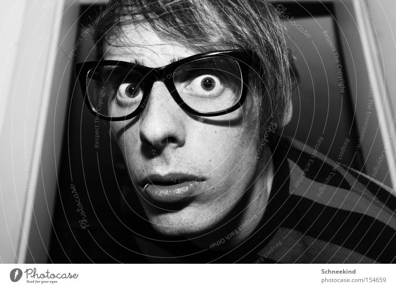 50... I'm going crazy. Man Fellow Self portrait Black & white photo Eyeglasses Crazy Striped Flat (apartment) Portrait photograph Face Soul Piercing Joy Success