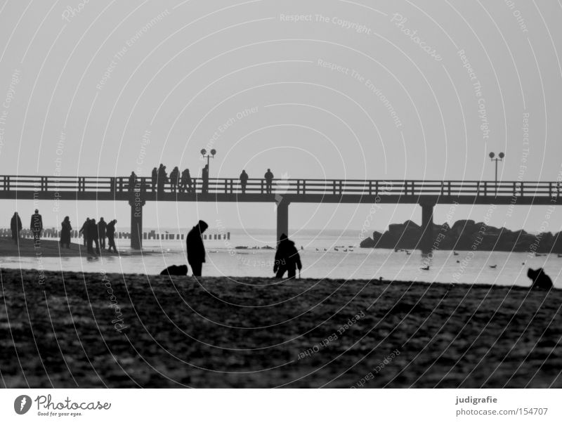 pier Human being Beach Baltic Sea Sea bridge Health Spa Vacation & Travel Relaxation Ocean Coast Black & white photo
