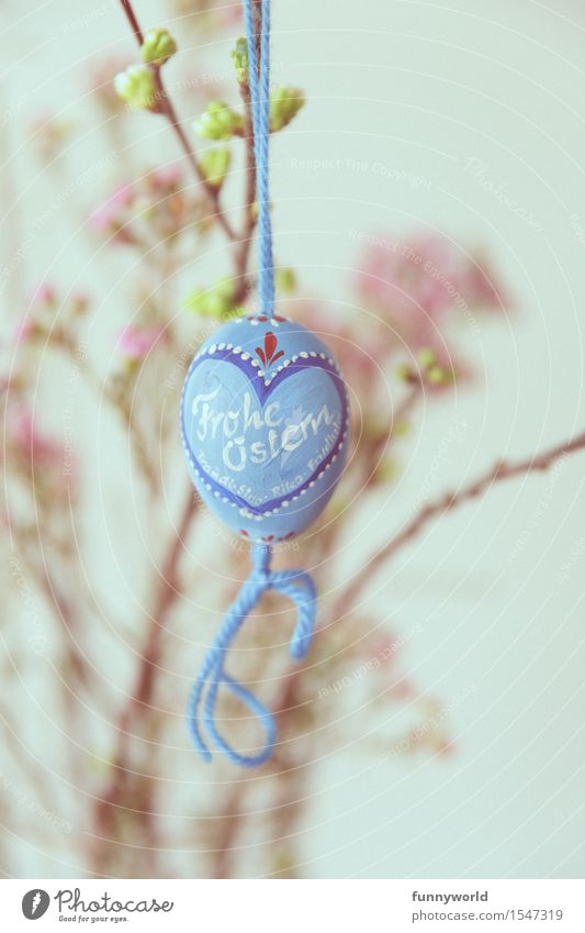 Happy Easter in blue Hang Easter egg Characters Handwriting Painted Self-made Bow Blue Bavarian Heart String Delicate Vintage Retro Flower Pink Colour photo