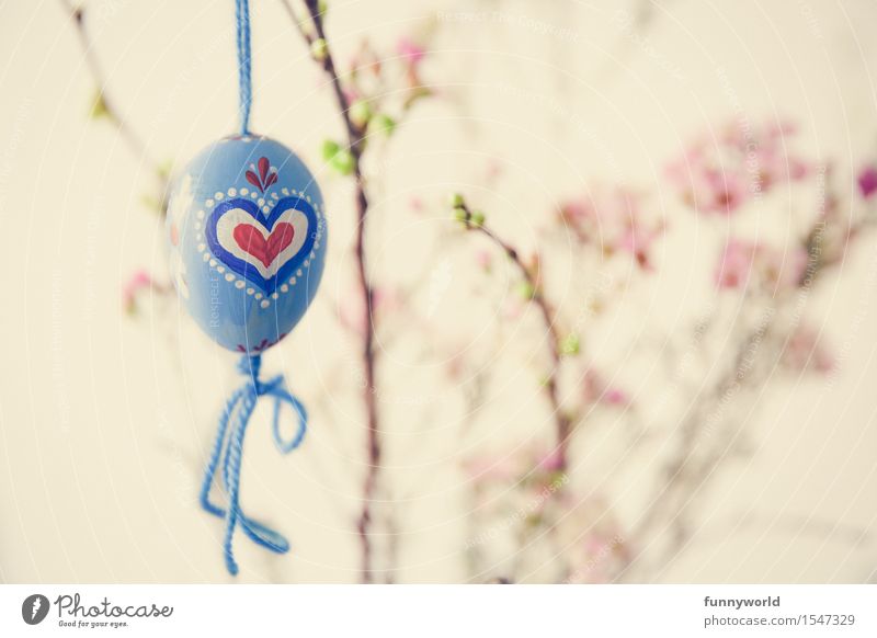 tenderest Easter Hang Easter egg Heart Red Blue Bavarian Self-made Handicraft Bouquet Bow Delicate Retro Colours Painted Painting (action, work) Colour photo