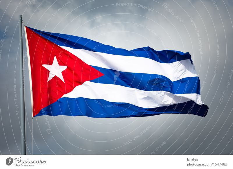 Waving national flag of Cuba against cloudy sky Ensign Flag Patriotism Clouds Wind Illuminate Esthetic Authentic Positive Blue Red Cuban flag White Honor Agreed