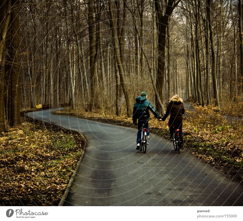 YEAH KIIIITCH Bicycle Hold hands Forest Youth (Young adults) Leaf Winter Romance Love couple