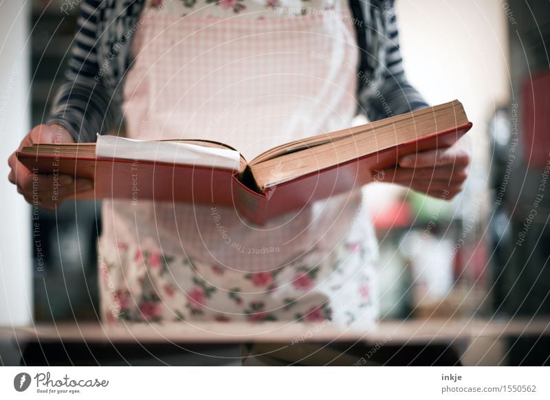 The baking book. Nutrition Cookbook Lifestyle Leisure and hobbies Woman Adults Body Hand 1 Human being Apron Book Reading Housewife recipe Mother Cliche