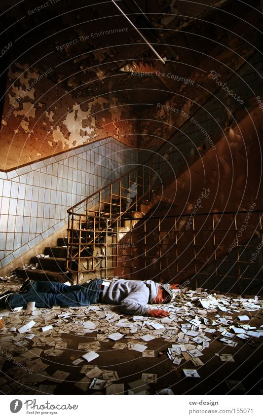 550th - CHILLEN Relaxation Lie Dream Staircase (Hallway) Floor covering Ground Sleep Boredom Lack of sleep Burnt out Old Derelict Chaos Accident Feeble
