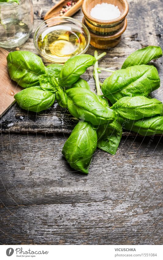 Fresh basil leaves with olive oil and salt Food Lettuce Salad Herbs and spices Nutrition Lunch Organic produce Vegetarian diet Diet Italian Food Bowl Style