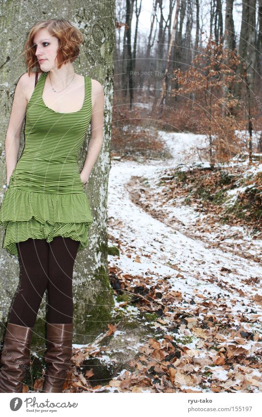 The one with the green dress Woman Winter Snow Forest Cold Leaf Tree Green Boots Lanes & trails Lean Wait Think Elf Fairy