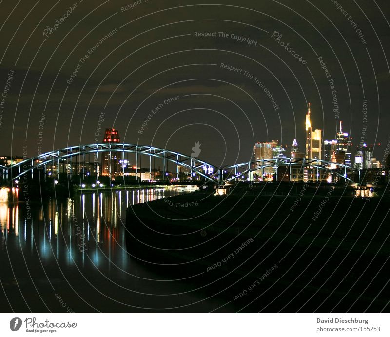 night view Town Financial institution Panorama (View) River Night Evening Water Sky Reflection High-rise Bridge Frankfurt Long exposure Large