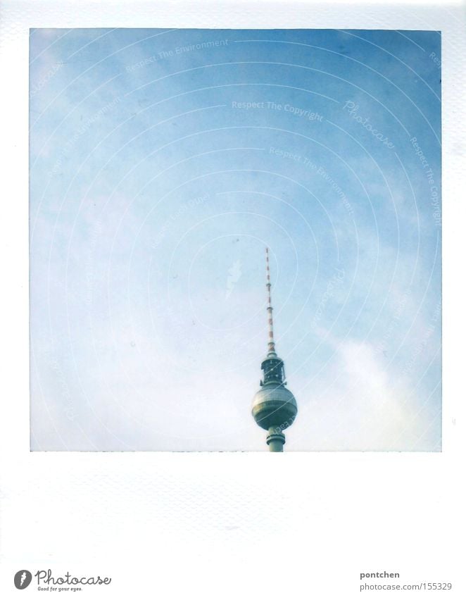 Polaroid berlin television tower upper part. Cloudy sky Colour photo Exterior shot Deserted Copy Space left Copy Space right Copy Space top Copy Space bottom