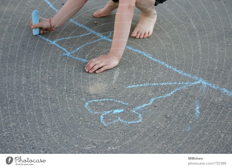 barefoot painting Child Chalk Street Playing Painting and drawing (object) Draw Barefoot Summer Flower Blue Asphalt Stick figure Hand Feet