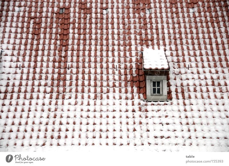 thaw Roof Window Winter Roofing tile Dormer Old Village Red White Cold Emotions Architecture Snow Crazy Window pane Glass