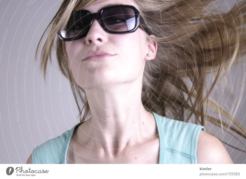Hair in the air Sunglasses Summer Ease Model Mouth Laughter Beautiful Hair and hairstyles Open Movement