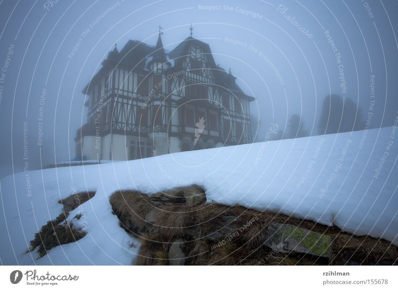 Villa Cassel Riederalp Fog Gray Cold Snow Eerie Ghostly Historic nature conservation centre villa building Spooky