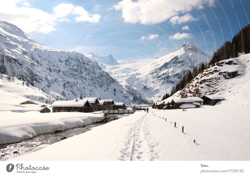 another winter picture Landscape Sky Clouds Winter Beautiful weather Snow Rock Alps Mountain Peak Snowcapped peak River House (Residential Structure) Hut Hiking
