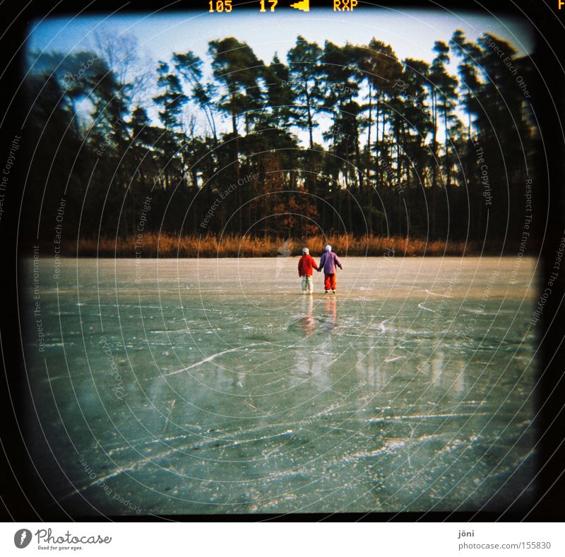 Ice cream lovers (2) Ice-skates Winter Tree Forest Lake Friendship Together Reflection Tracks Joy Leisure and hobbies Smoothness Holga Winter sports Playing