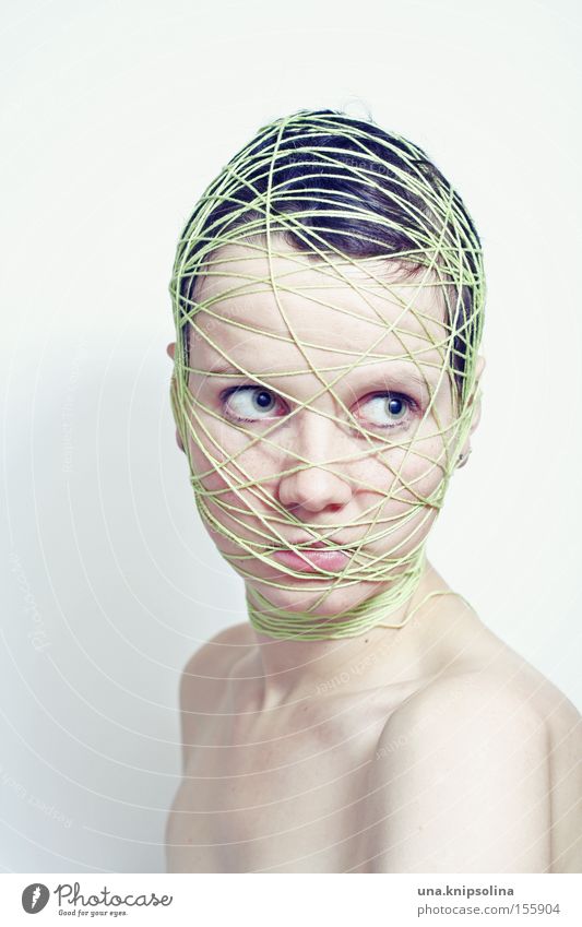 .ficelle Face Handcrafts Craft (trade) Woman Adults Head String Net Green Emotions Pure Bound Entangle Integration Lie (Untruth) Coil Colour photo Studio shot