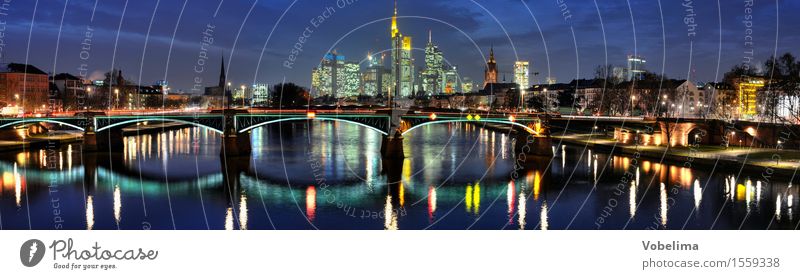 Frankfurt, evening Town Skyline High-rise Manmade structures Building Architecture Tourist Attraction Blue Brown Multicoloured Yellow Gold Green Black Main City