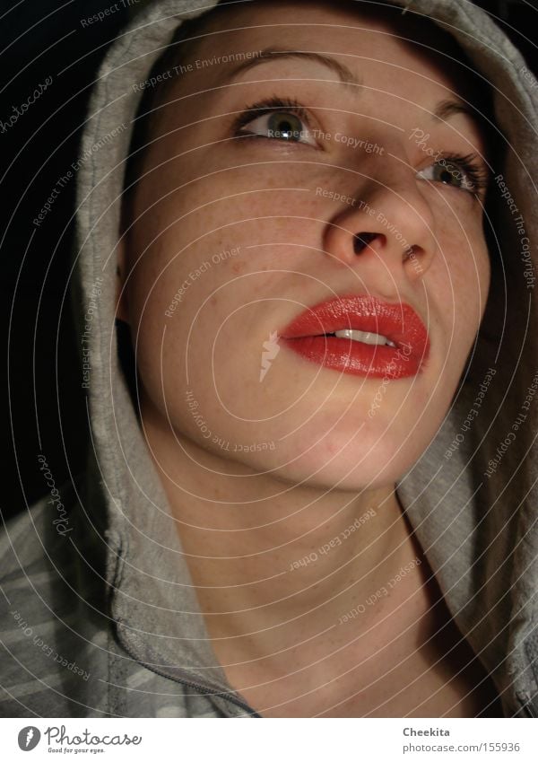 single effect Portrait photograph Face Red Lips Shadow Vail Hooded (clothing) Emotions Dream Desire Fantasy Lust Focal point Woman Concentrate Idea