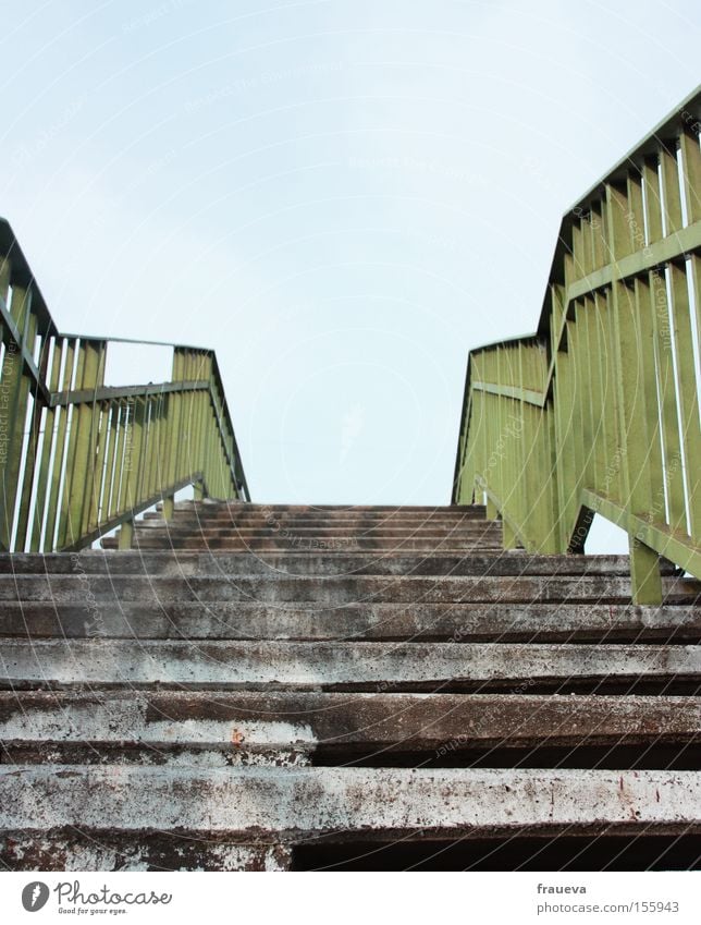 It's going up Stairs Handrail Banister Bridge railing Upward Sky Ascending Green Blue Gray Architecture Colour Europe