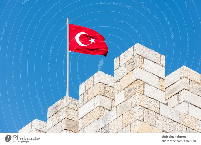 Fortress Turkey. Vacation & Travel Sightseeing Summer vacation foça Asia Castle Tower Building Tourist Attraction Flag Half moon Historic Blue Red Honor Power