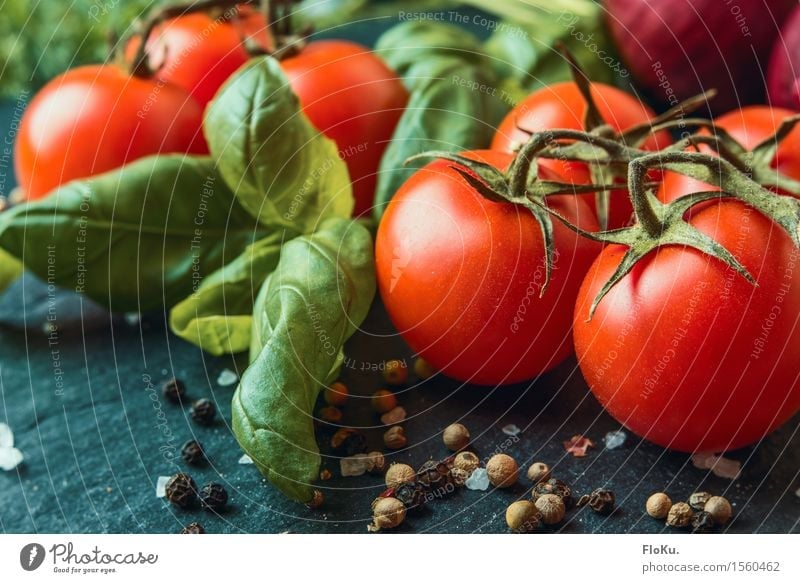 Tomato Basil Food Vegetable Herbs and spices Nutrition Organic produce Vegetarian diet Diet Italian Food Fresh Healthy Delicious Green Red To enjoy