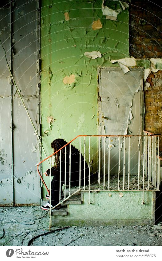 doormen Wall (building) Sit Stairs Grief Green Plaster Colour Old Shabby Dirty Door Man Loneliness Calm Beautiful Derelict Transience