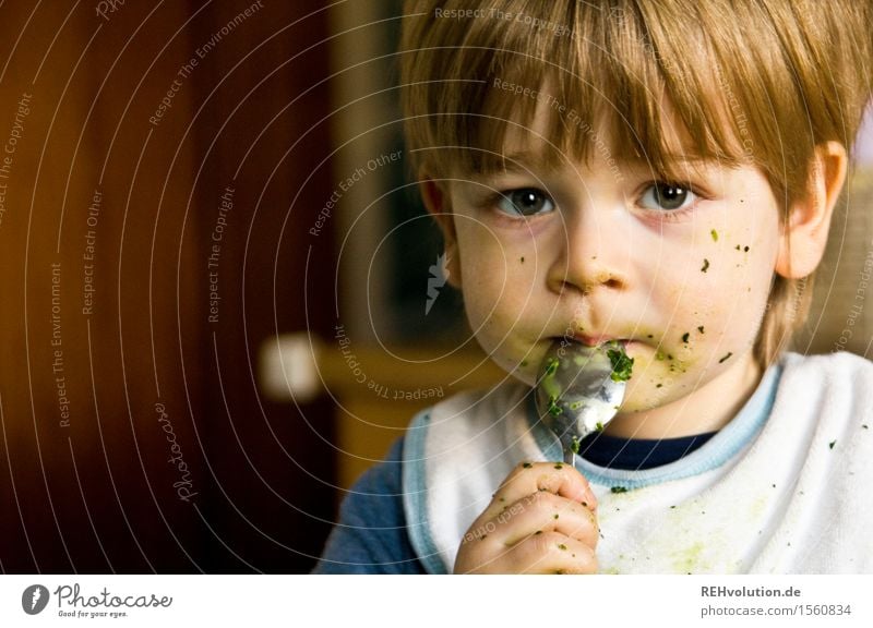 Boy eats spinach Food Nutrition Eating Spoon Healthy Eating Human being Masculine Child Toddler Boy (child) Face 1 1 - 3 years Dirty Small Cute green To enjoy