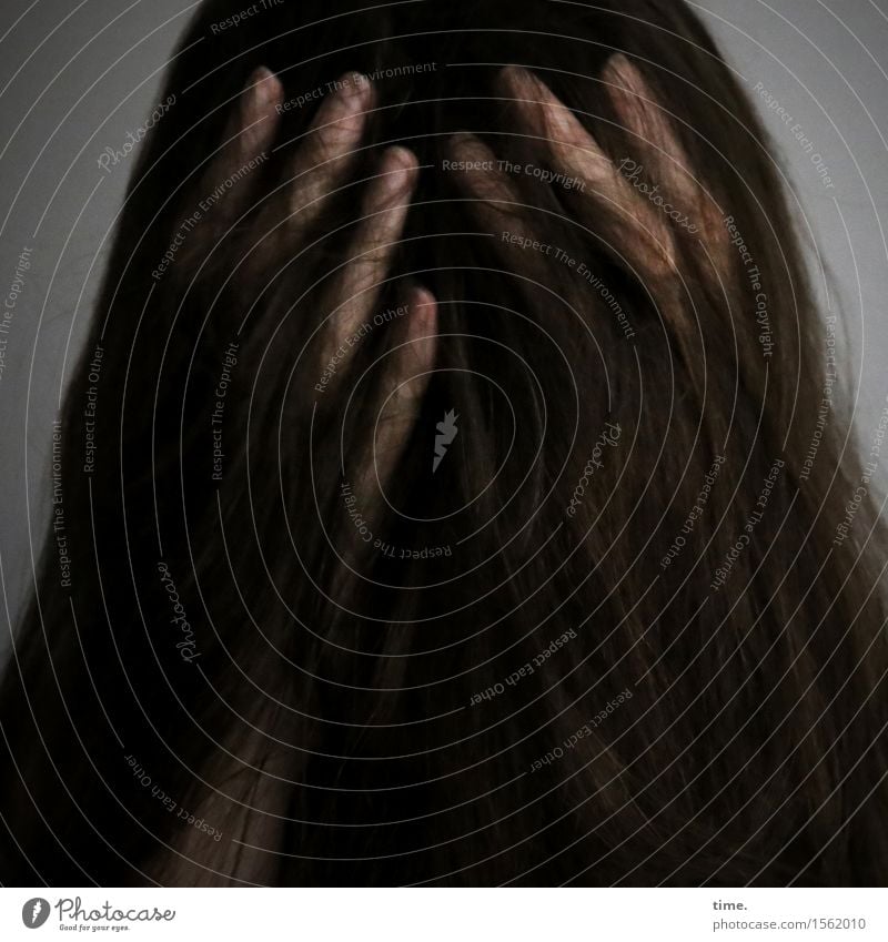 Woman with hands in hair Feminine Hair and hairstyles Fingers 1 Human being Brunette Long-haired Think To hold on Exceptional Dark Sadness Concern Grief