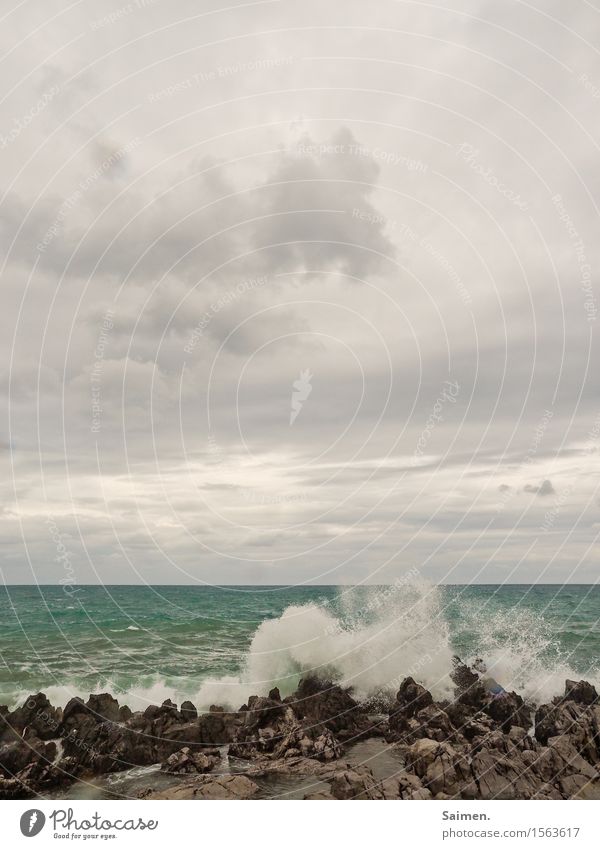 breakwater Elements Air Water Sky Clouds Summer Coast Ocean Power Might Stone Wave break Waves Threat Splash of water Rock Colour photo Subdued colour