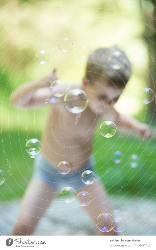 Boy has fun with soap bubbles Joy Playing Children's game Summer Summer vacation Birthday Parenting Human being Masculine Boy (child) Infancy Life 1 3 - 8 years