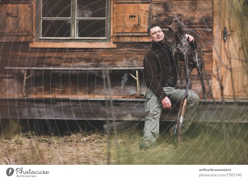 Hunter with his dog Leisure and hobbies Hunting Trip Hiking House (Residential Structure) Human being Masculine Young man Youth (Young adults) Friendship Life 1